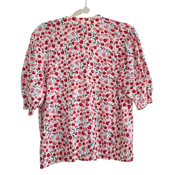 Loft Cherry Print V-Neck Button Down Cardigan Sweater White Red Pink Size Large - Picture 4 of 6